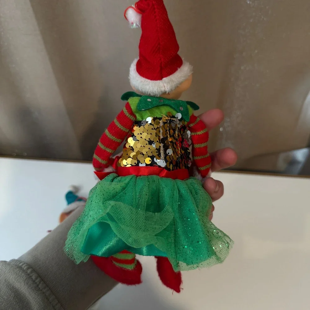 Christmas Elf Doll Ornaments Set of 2 Posable Sequin Tulle Holiday Decor Figures
